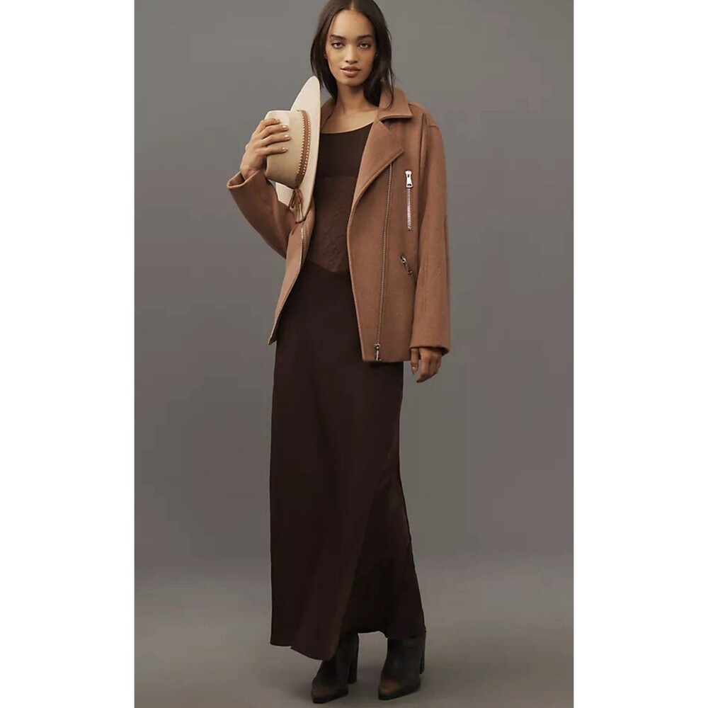 Anthropologie Maeve Moto Jacket Brown Brown Oversized Wool Blend Size XS NWT